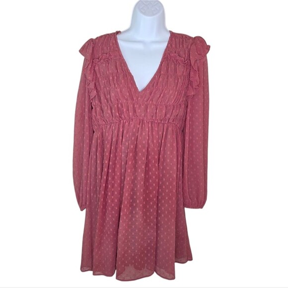 Zara Mauve Pink Long Sleeve Swiss Dot Mini Dress Size Medium - Picture 2 of 9